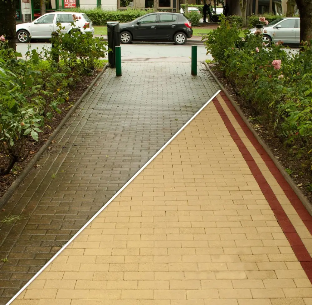Paving restoration before and after Pretoria Paving before and after ColourSeal restoration — dirty grey bricks next to restored tan and red finish