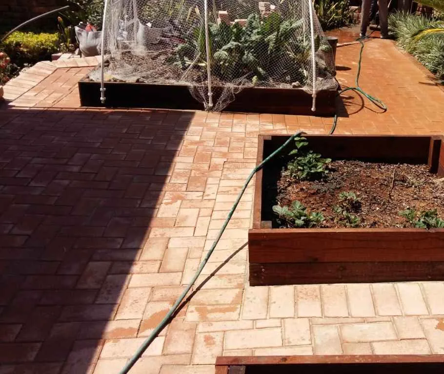 Patio & Entertainment Area Paving | Pretoria Paving 14 Infraset Masonique herringbone paving cut in around raised planters at a home in Lynnwood Ridge, Pretoria
