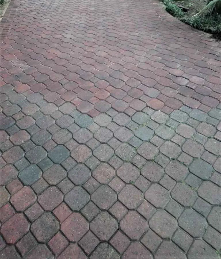 How to Clean Paving Bricks 1 Aged red and charcoal octagonal paving on a residential driveway, green growth in the joints and dark staining dulling the paver faces