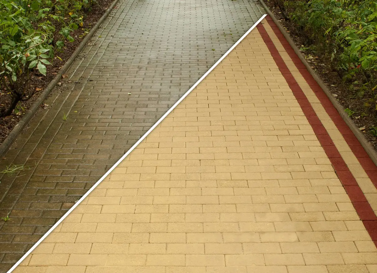 Can You Paint Paving Bricks? What Works and What Peels 3 Brick-paved path split diagonally, one half dark and algae-stained, the other showing recovered tan colour and a red banding course